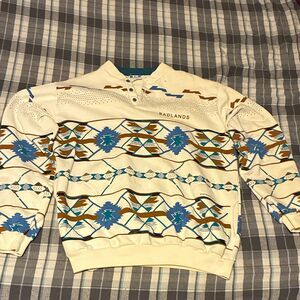 90s Art Unlimited Vintage Aztec Men's Henley Fleece Pullover Geometric PocketsXL